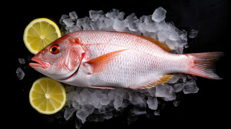 A raw fish white snapper with lemon on ice. snapper fish. Generative Aiの素材