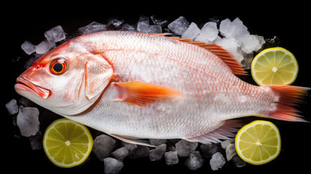 A raw fish white snapper with lemon on ice. snapper fish. Generative Aiの素材