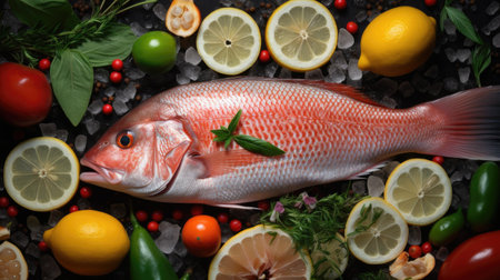 Top view of Fresh snapper preparation with lemon and vegetables on ice. Snapper fish. Generative Aiの素材
