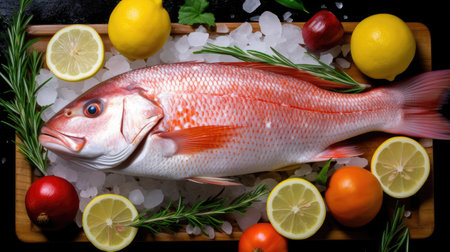 Top view of Fresh snapper preparation with lemon and vegetables on ice. Snapper fish. Generative Aiの素材