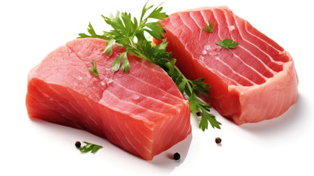 Fresh tuna fish fillet steaks garnished with parsley isolated on white background. Generative Aiの素材