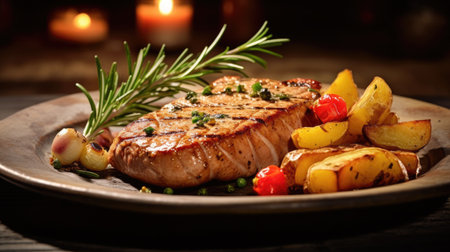 Fried tuna steak with potatoes and vegetables on wooden table. Salmon fish in the restaurant. Generative Aiの素材