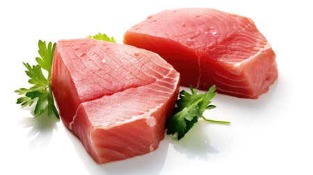 Fresh tuna fish fillet steaks garnished with parsley isolated on white background. Generative Aiの素材