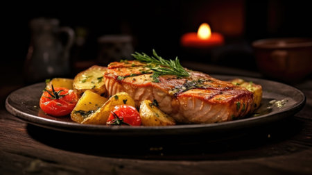 Fried tuna steak with potatoes and vegetables on wooden table. Salmon fish in the restaurant. Generative Aiの素材