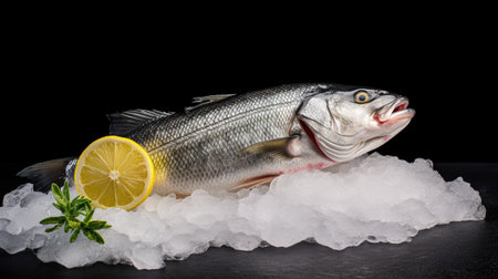 Fresh sea bass fish with lemon on ice. Sea bass fish. Generative Aiの素材