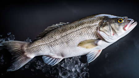 A fresh sea bass fish on ice. Sea bass fish. Generative Aiの素材