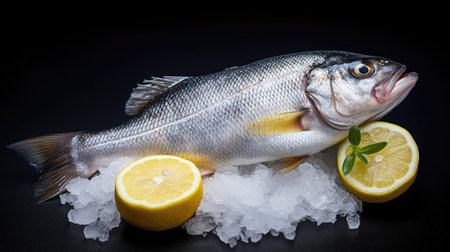 Fresh sea bass fish with lemon on ice. Sea bass fish. Generative Aiの素材