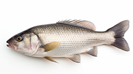 A fresh sea bass fish isolated on white background. Sea bass fish. Generative Aiの素材