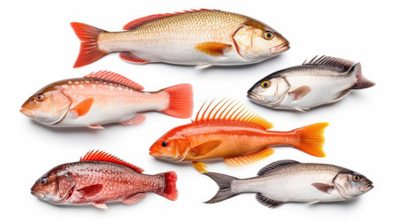 Seafood fish collage isolated on white background. Generative Aiの素材