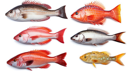 Seafood fish collage isolated on white background. Generative Aiの素材