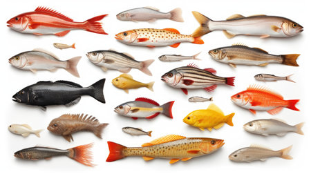 Seafood fish collage isolated on white background. Generative Aiの素材