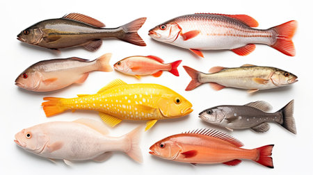 Seafood fish collage isolated on white background. Generative Aiの素材