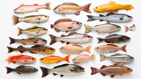 Seafood fish collage isolated on white background. Generative Aiの素材