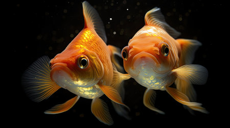 Two goldfish on black background. Generative Aiの素材