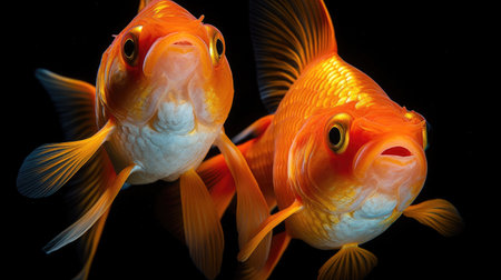 Two goldfish on black background. Generative Aiの素材