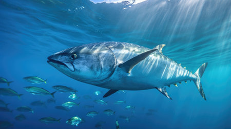 Tuna fish in the ocean. School of tuna fish in the ocean. Tuna. Generative Aiの素材