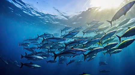 Tuna fish in the ocean. School of tuna fish in the ocean. Tuna. Generative Aiの素材