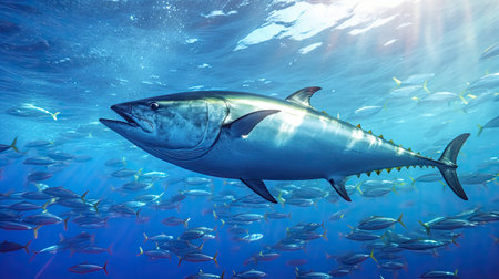 Tuna fish in the ocean. School of tuna fish in the ocean. Tuna. Generative Aiの素材