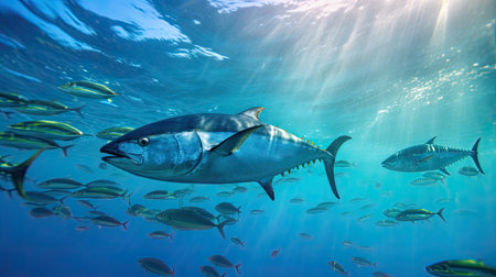 Tuna fish in the ocean. School of tuna fish in the ocean. Tuna. Generative Aiの素材
