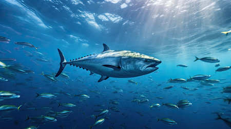 Tuna fish in the ocean. School of tuna fish in the ocean. Tuna. Generative Aiの素材