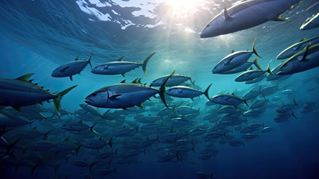 Tuna fish in the ocean. School of tuna fish in the ocean. Tuna. Generative Aiの素材