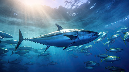 Tuna fish in the ocean. School of tuna fish in the ocean. Tuna. Generative Aiの素材