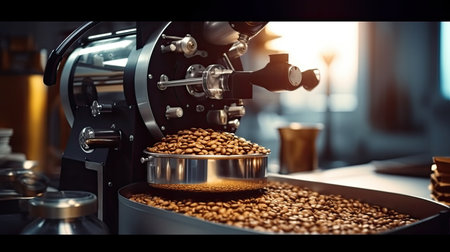 Coffee roaster, Aromatic coffee beans situating in modern equipment with grain chiller. Coffee Bean Roaster Machine. Industry concept. Generative Aiの素材