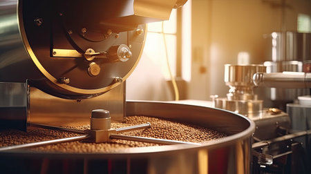 Coffee roaster, Aromatic coffee beans situating in modern equipment with grain chiller. Coffee Bean Roaster Machine. Industry concept. Generative Aiの素材