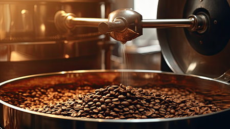 Arabica or Robusta coffee beans, Coffee roaster, Aromatic coffee beans situating in modern equipment with grain chiller. Coffee Bean Roaster Machine. Industry concept. Generative Aiの素材