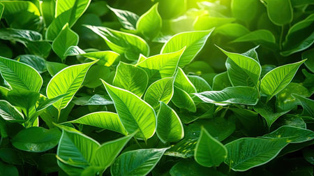 Green leaves, Natural green leaves plants using as spring background cover page greenery environment ecology wallpaper. Generative Ai.の素材