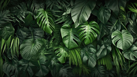 Green leaves, Group background of dark green tropical leaves ( monstera, palm, coconut leaf, fern, palm leaf,bananaleaf) Panorama background. concept of nature. Generative Ai.の素材