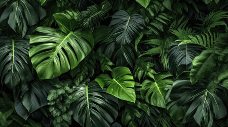 Green leaves, Group background of dark green tropical leaves ( monstera, palm, coconut leaf, fern, palm leaf,bananaleaf) Panorama background. concept of nature. Generative Ai.の素材