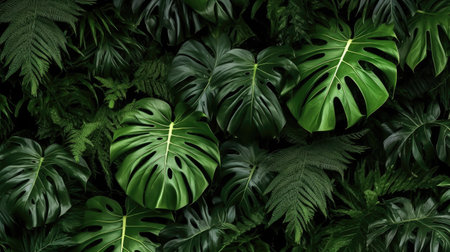 Green leaves, Group background of dark green tropical leaves ( monstera, palm, coconut leaf, fern, palm leaf,bananaleaf) Panorama background. concept of nature. Generative Ai.の素材