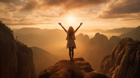 A woman on top of the mountain with arms open to a welcoming new day with sunrise success. Successful women have attained peaks of personal growth and development. Generative Aiの素材