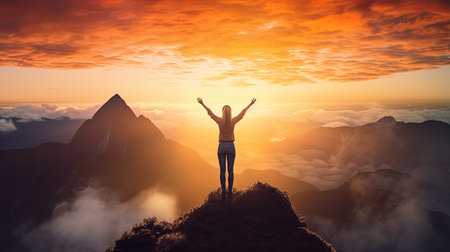 A woman on top of the mountain with arms open to a welcoming new day with sunrise success. Successful women have attained peaks of personal growth and development. Generative Aiの素材