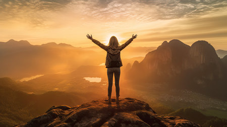 A woman on top of the mountain with arms open to a welcoming new day with sunrise success. Successful women have attained peaks of personal growth and development. Generative Aiの素材