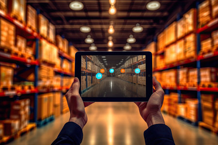 A manager using digital tablet showing warehouse software management dashboard on the blurred warehouse background. smart warehouse, inventory management system concept. Generative Aiの素材