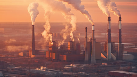 Industrial chimneys in the evening light, global warming, toxic air at sunset. industry. Generative Aiの素材