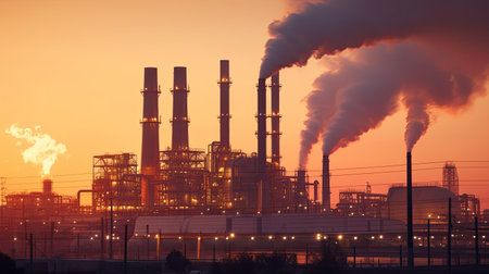 Industrial chimneys in the evening light, global warming, toxic air at sunset. industry. Generative Aiの素材