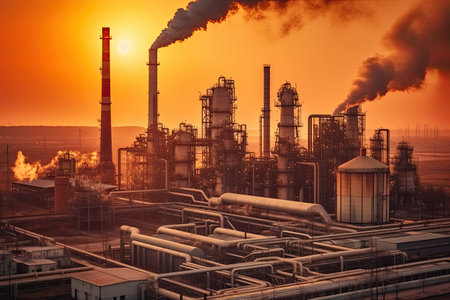 Industrial chimneys in the evening light, global warming, toxic air at sunset. industry. Generative Aiの素材
