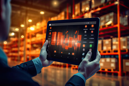 A manager using digital tablet showing warehouse software management dashboard on the blurred warehouse background. smart warehouse, inventory management system concept. Generative Aiの素材
