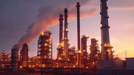 Industrial chimneys in the evening light, global warming, toxic air at sunset. industry. Generative Aiの素材