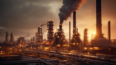 Industrial chimneys in the evening light, global warming, toxic air at sunset. industry. Generative Aiの素材