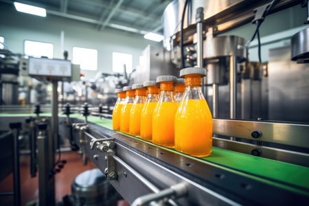 A belt or line in a fresh orange beverage with modern automated industrial machine equipment, Bottling plant and colorful juice beverage plastic bottle in the factory. Generative Aiの素材