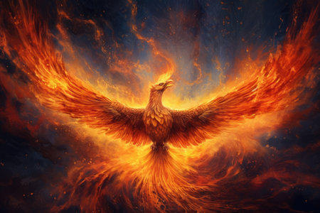 A burning bird phoenix in the night sky. Bird phoenix. Generative Aiの素材