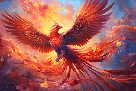 A bird phoenix. Fantastic magical of Phoenix bird on fantasy background. Generative Aiの素材
