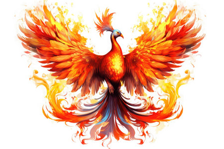 Burning bird phoenix isolated on white background. Bird phoenix. Generative Aiの素材