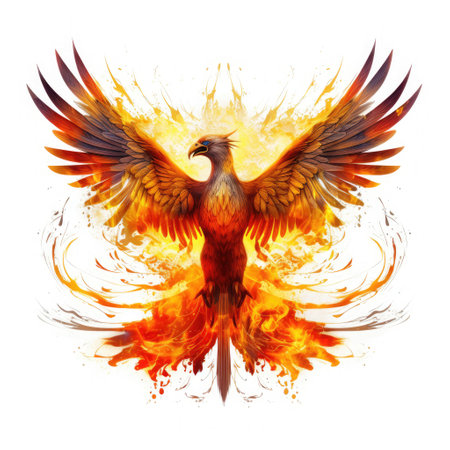 Burning bird phoenix isolated on white background. Bird phoenix. Generative Aiの素材