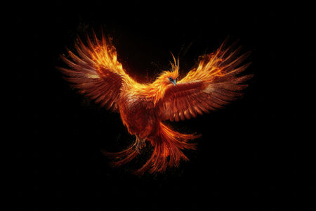 Burning bird phoenix isolated on black background. Bird phoenix. Generative Aiの素材
