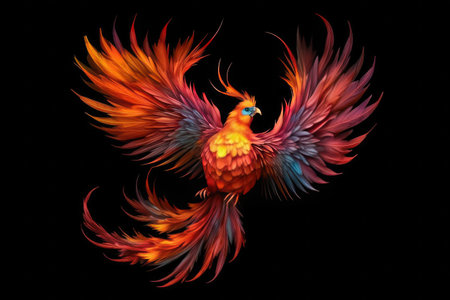Burning bird phoenix isolated on black background. Bird phoenix. Generative Aiの素材